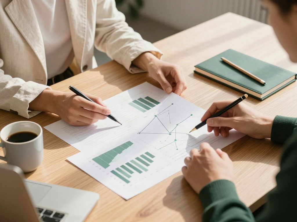 A collaborative business review with printed analytics and a strategic roadmap